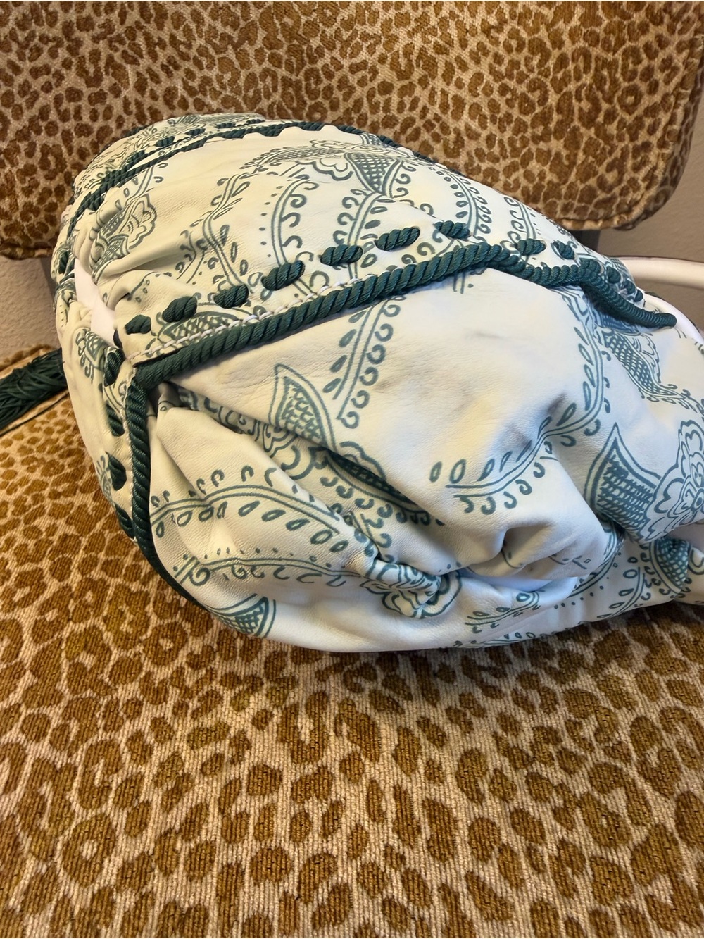 💯Auth! VINTAGE ROBERTO CAVALLI Cream/Green Floral Leather Bag w Braided Tassel - Picture 8 of 16